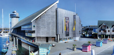 Outside the National Maritime Museum in Falmouth with the viewing tower that looks across the harbour