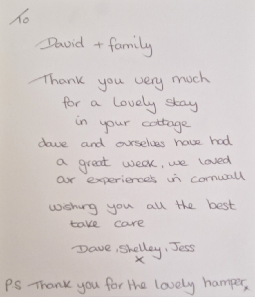 A lovely thank you card from recent guests who stayed in Buzzard Watch