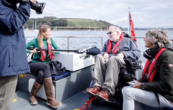 Wetwheels Southwest in Falmouth power boat trips for disabled people close to Treworgans Accessible Holiday Accommodation where some of our guests were TV stars as they were the first people to enjoy the new boat!