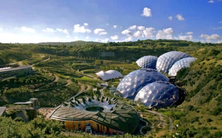 The biomes at the Eden Project under a bright blue sky