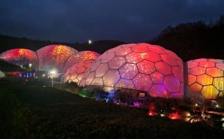 The iconic Biomes at the Eden Project are illuminated for Christmas