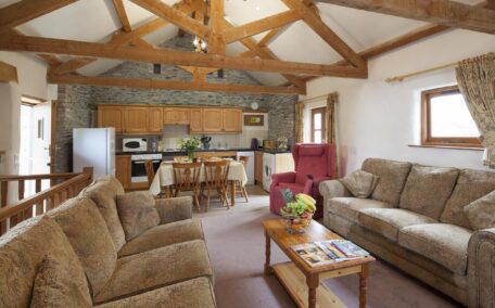 Valley View sitting room with open vaulted ceiling and timber beams