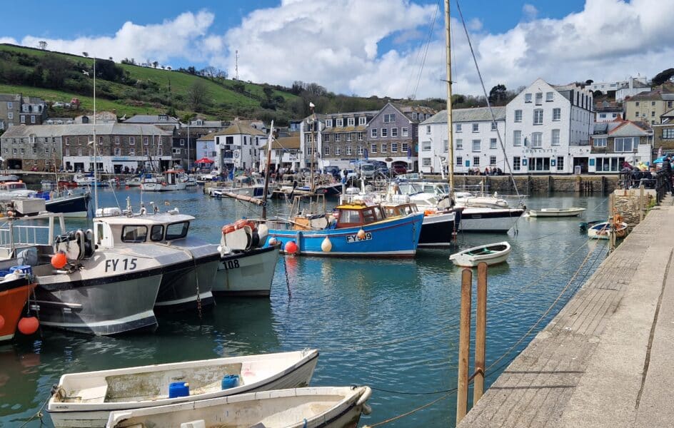 A view across the harbour where many multi clooured boats are moored up under a blue sky